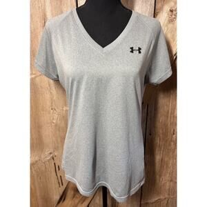 Under Armour Women’s Size Med V-Neck Semi-Fitted Athletic Shirt Gray Black